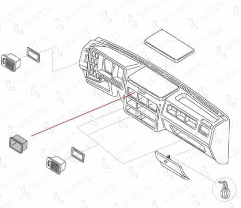 Kit accessori cruscotto IVECO Daily   -      Portaoggetti Cruscotto x 1 Pz  +   Bocchetta Presa Aria D/S x 4 Pz  +   Cornice Bocchetta Presa Aria x 4 Pz  +   Sportello Plancia x 1 Pz  +   Sportello Cruscotto x 1 Pz