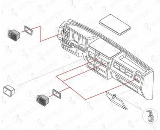 Kit accessori cruscotto IVECO Daily   -      Portaoggetti Cruscotto x 1 Pz  +   Bocchetta Presa Aria D/S x 4 Pz  +   Cornice Bocchetta Presa Aria x 4 Pz  +   Sportello Plancia x 1 Pz  +   Sportello Cruscotto x 1 Pz