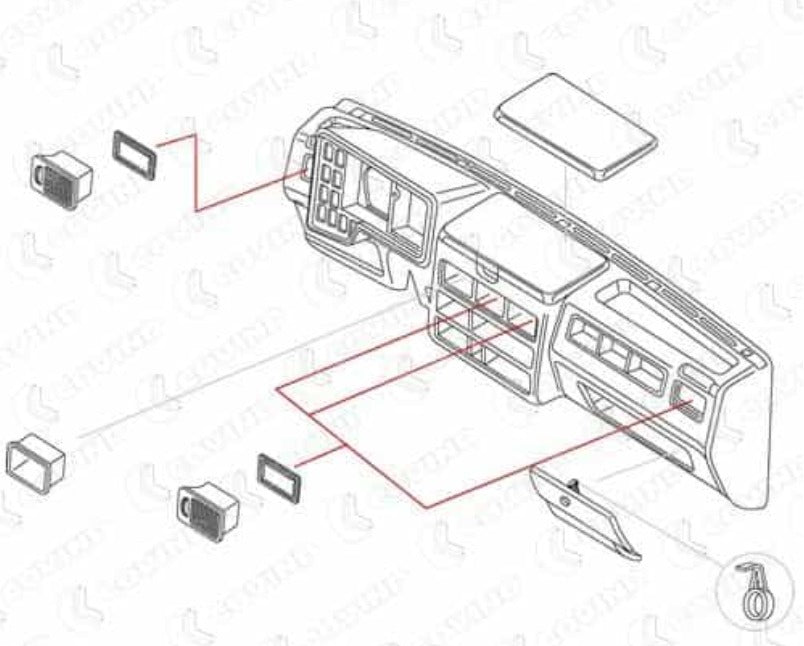 Kit accessori cruscotto IVECO Daily   -      Portaoggetti Cruscotto x 1 Pz  +   Bocchetta Presa Aria D/S x 4 Pz  +   Cornice Bocchetta Presa Aria x 4 Pz  +   Sportello Plancia x 1 Pz  +   Sportello Cruscotto x 1 Pz